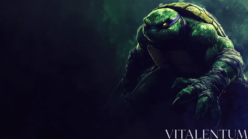 Mutant turtle warrior in dark, moody digital artwork.