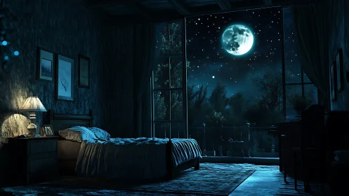 Moonlit bedroom interior under deep blue night sky.