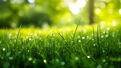 Close-up view of wet grass blades in soft morning light.