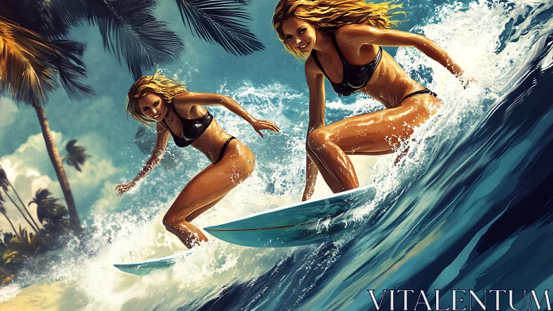 Two women surfing tropical wave near palm-lined beach.