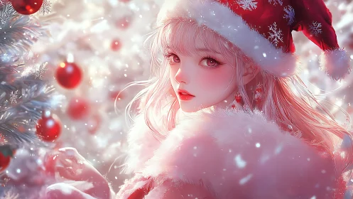 Snowy anime girl in red Santa hat gazes over shoulder