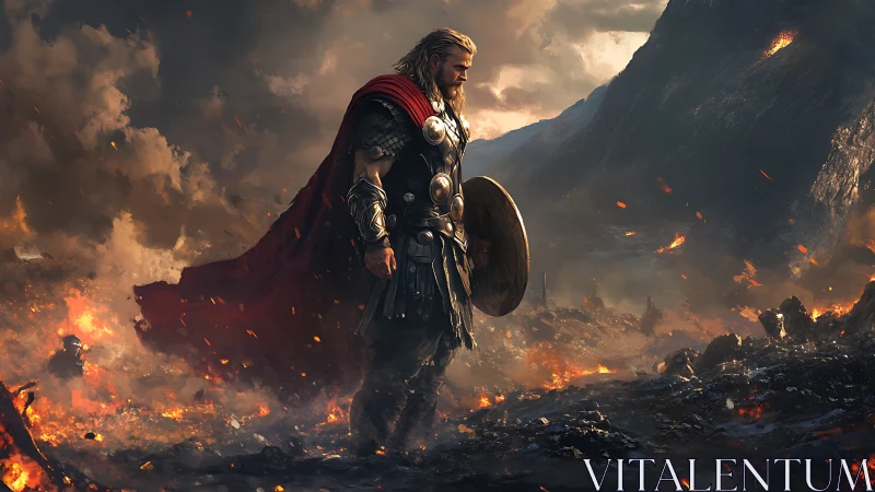 Storm-lit warrior strides through a fiery battlefield in thought