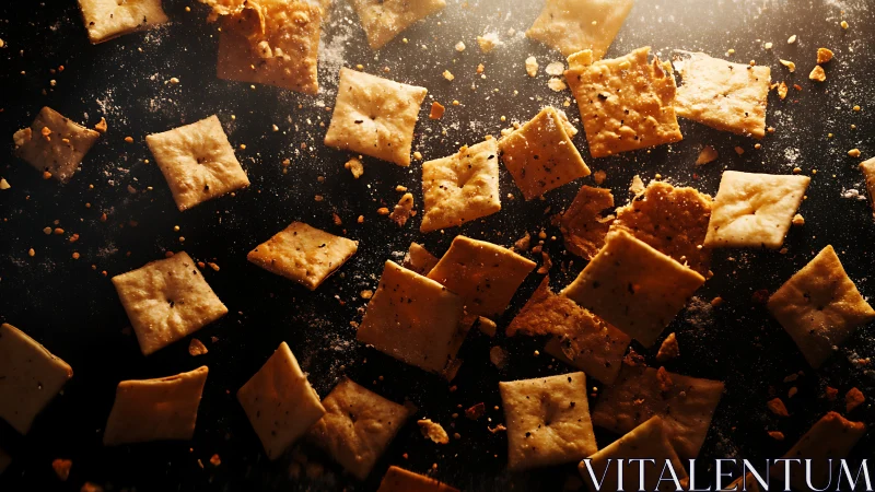Golden Crackers Scattered on Dark Surface With Crumbs