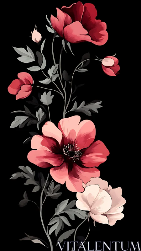 Botanical Illustration: Red and Pink Poppies on Black Background