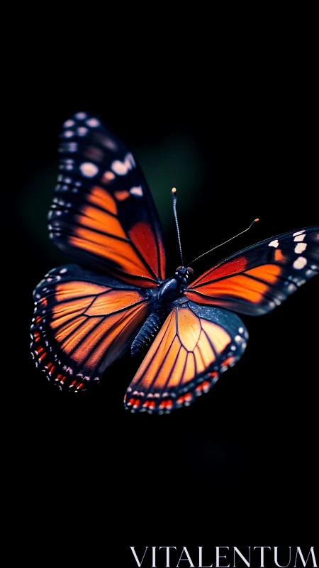 Vibrant orange butterfly hovers against deep black field