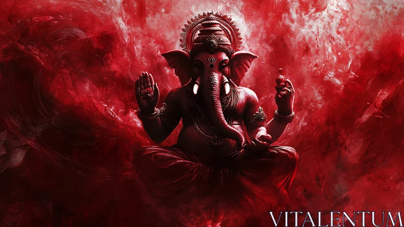 Red tonal digital rendering of seated Ganesha in dynamic aura