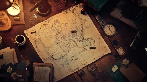 Weathered explorer map amid vintage desk cluttered objects.