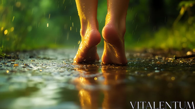 Bare wet feet walk through shallow rainwater on a path