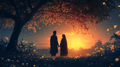 Silhouettes Entwined in Golden Hour Blossoms.