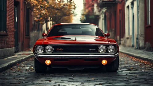 Crimson muscle icon prowls cobbled autumn backstreet boulevard.