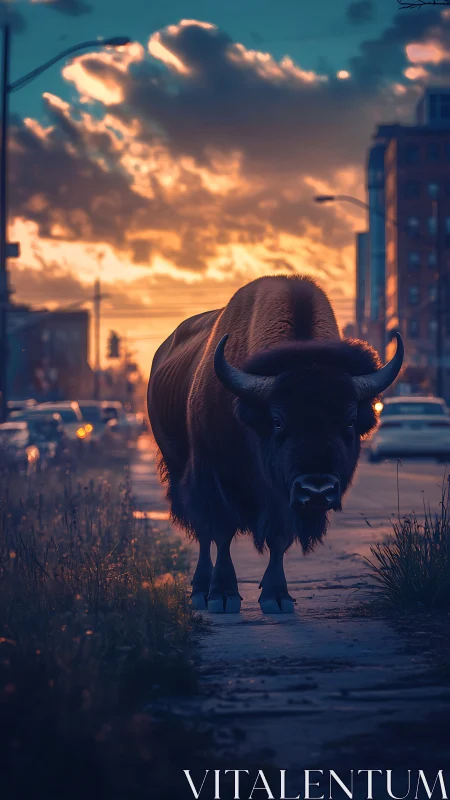 Solitary bison standing on urban sidewalk at sunset.