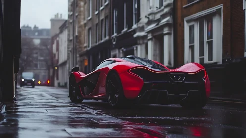 Red hypercar on wet city street under overcast sky.