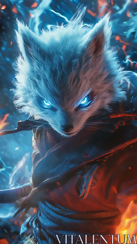Anthropomorphic wolf warrior with glowing blue eyes in combat.