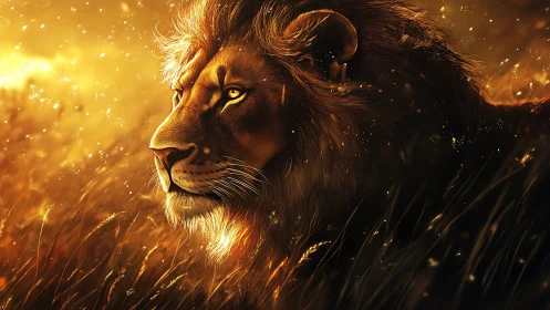 Sun-dusted lion king drifts through a molten golden dream