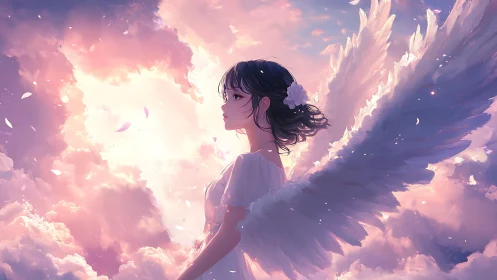 Gentle winged girl resting in a glowing pastel sky.