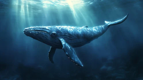 Digital rendering shows single humpback whale in blue water