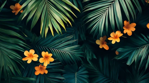 Tropical leaves and glowing orange blooms in quiet twilight.