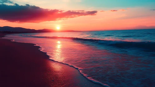 Coastal shoreline with low waves under vivid sunset light.