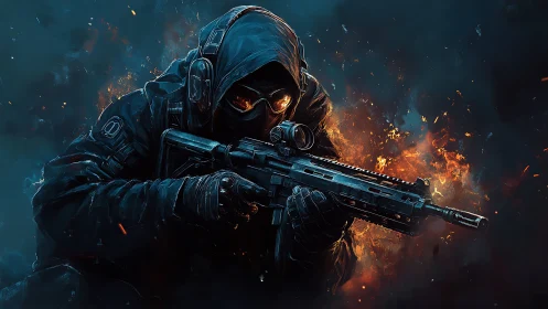Tactical hooded sniper with carbine amid blue orange fire