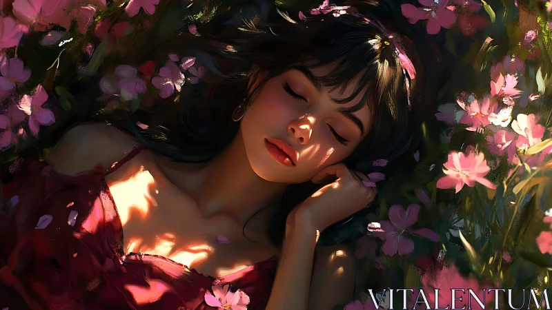 Soft sunlight cradles a resting girl in a dreamy flower bed