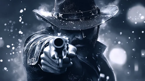 Gritty night gunslinger reaches out from the glowing haze