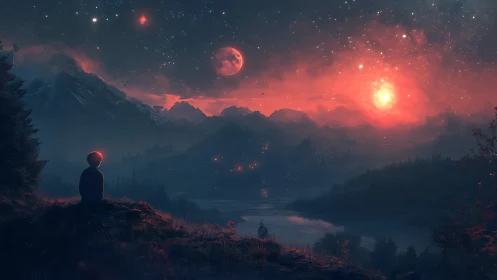 Stargazing silhouette over red nebula sky and misted valley