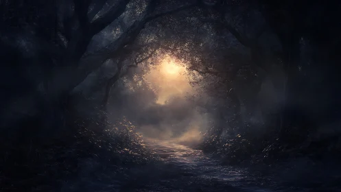 Moonlit forest path under dense misty canopy.