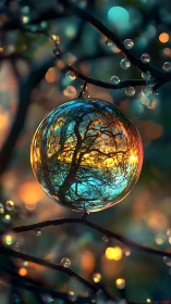 Macro glass sphere with inverted tree reflection at sunset