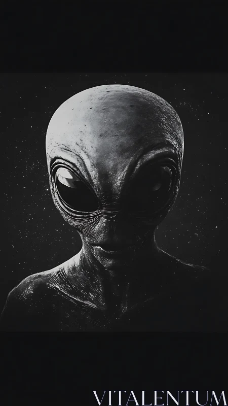 Monochrome close-up portrait of extraterrestrial humanoid entity