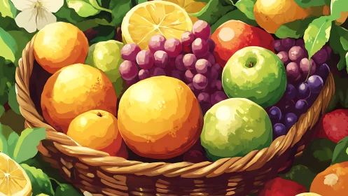 Orchard daydream: sunlit basket brimming with bold fruit.