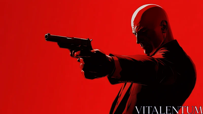 Bald gunman in red minimal backdrop, stylized silhouette profile.