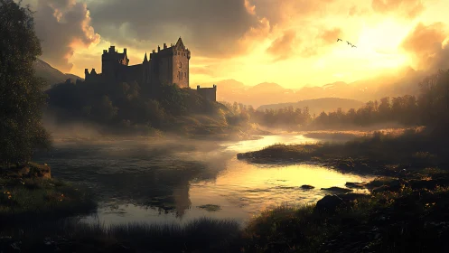 Golden castle at sunset beside a quiet misty river.