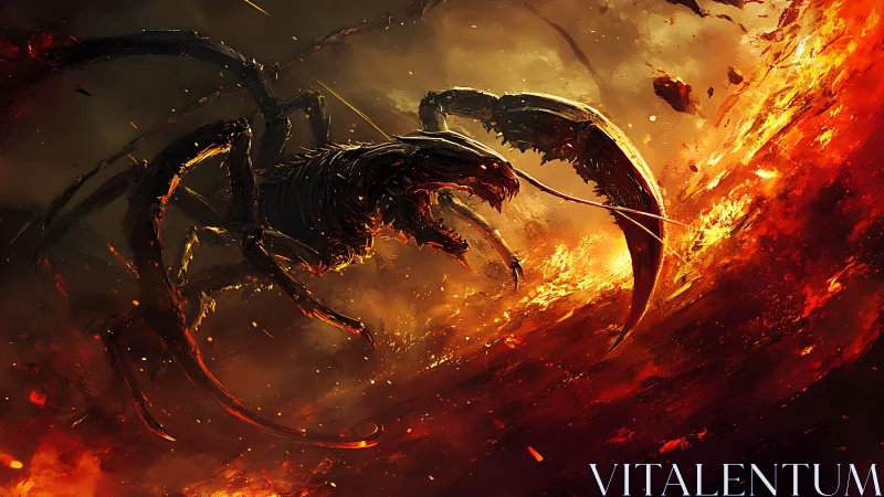 Infernal scorpion behemoth lunging through volcanic firestorm.