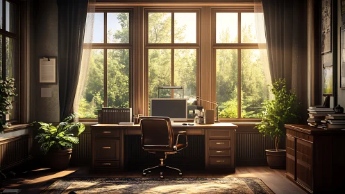 Sunlit classic home office overlooking lush garden.