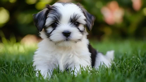 Fluffy black white puppy resting on sunlit green lawn.