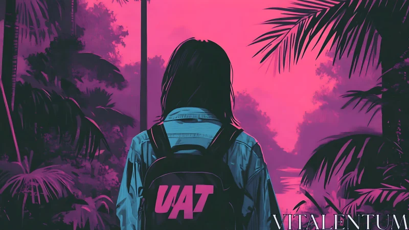 Backpack wearer stands facing neon pink jungle river scene