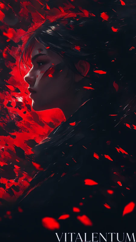 Fierce young warrior in swirling red embers of resolve.