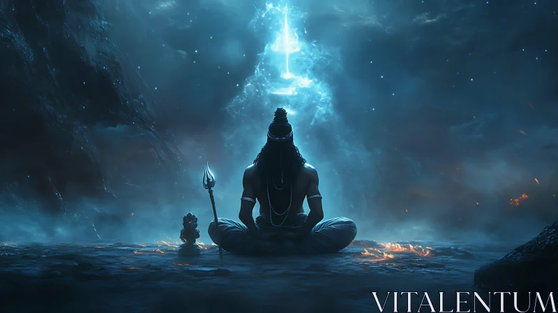 Meditating figure before cosmic light in misty cavern.