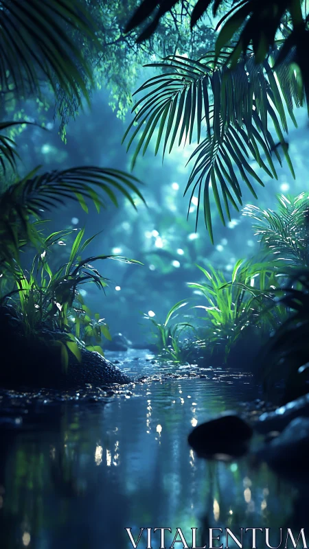 Moonlit jungle stream where quiet water cradles light.