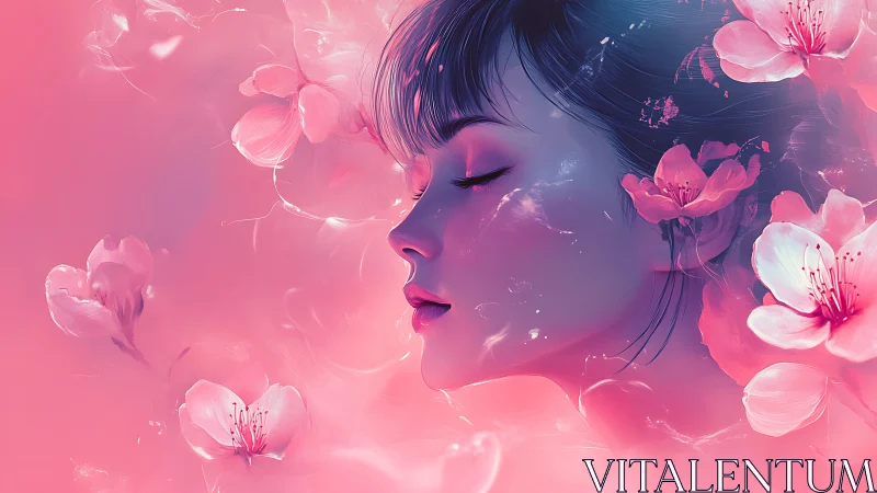 Profile portrait of a woman amid stylized pink blossoms
