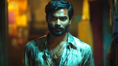 Brooding nightwalker with bloodied brow in neon hush.