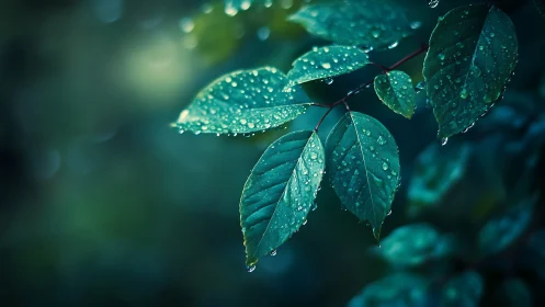 Macro study isolates rain-soaked leaves in cool bokeh field