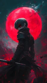 Cyber-noir swordsman silhoutted against a blazing crimson moon