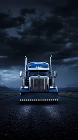 Symmetrical frontal semi-truck portrait under storm-lit night sky
