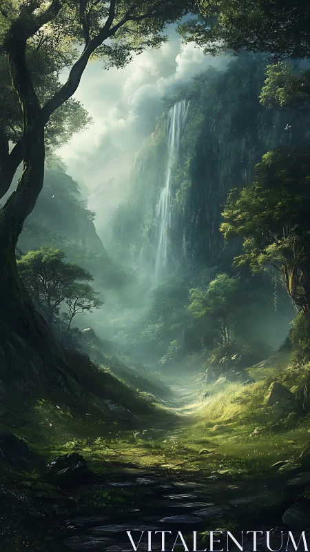 Mystical Forest Gorge with Cascading Waterfall
