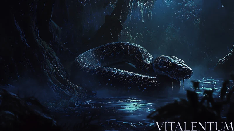 Giant serpent coils in moonlit swamp under dense jungle canopy