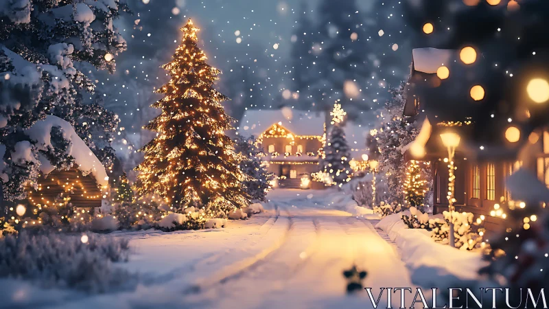 Snowy village street with glowing Christmas tree lights.