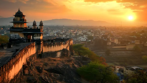 Fortified city ramparts at golden hour over hazy urban plain