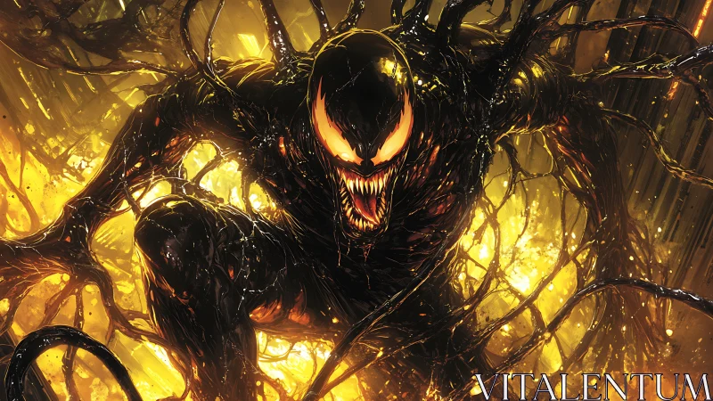 Symbiotic black creature in dynamic fiery tendril explosion