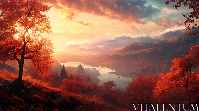 Sunset paints an autumn river valley in molten ember light